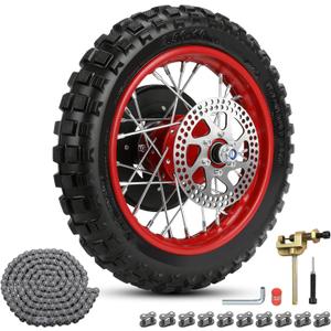 MX650 Rear Wheel Assembly Replacement for Razor MX500 MX650 SX500 McGrath Dirt Rocket Bike, 2.50-10 Dirt Bike Tire with 2.50x10 Inner Tube Brake Rotor 25H Chain Sprocket Parts with Red Rim