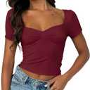 ForeFair Women's Sexy Short Sleeve Going Out Tops Pleated Bustier Shirt Cute Sweetheart Neck Y2K Crop Tee（Burgundy,XS）