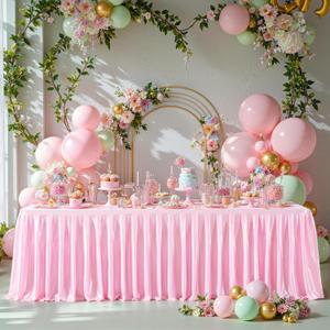 Pink Glitter Tablecloth for Rectangle Tables 8ft, Wrinkle Resistant Ruffles Shimmer Party Table Skirt, Washable Satin Banquet Table Cloth Skirt for Princess, Girl Birthday, Parties, Wedding, Banquets