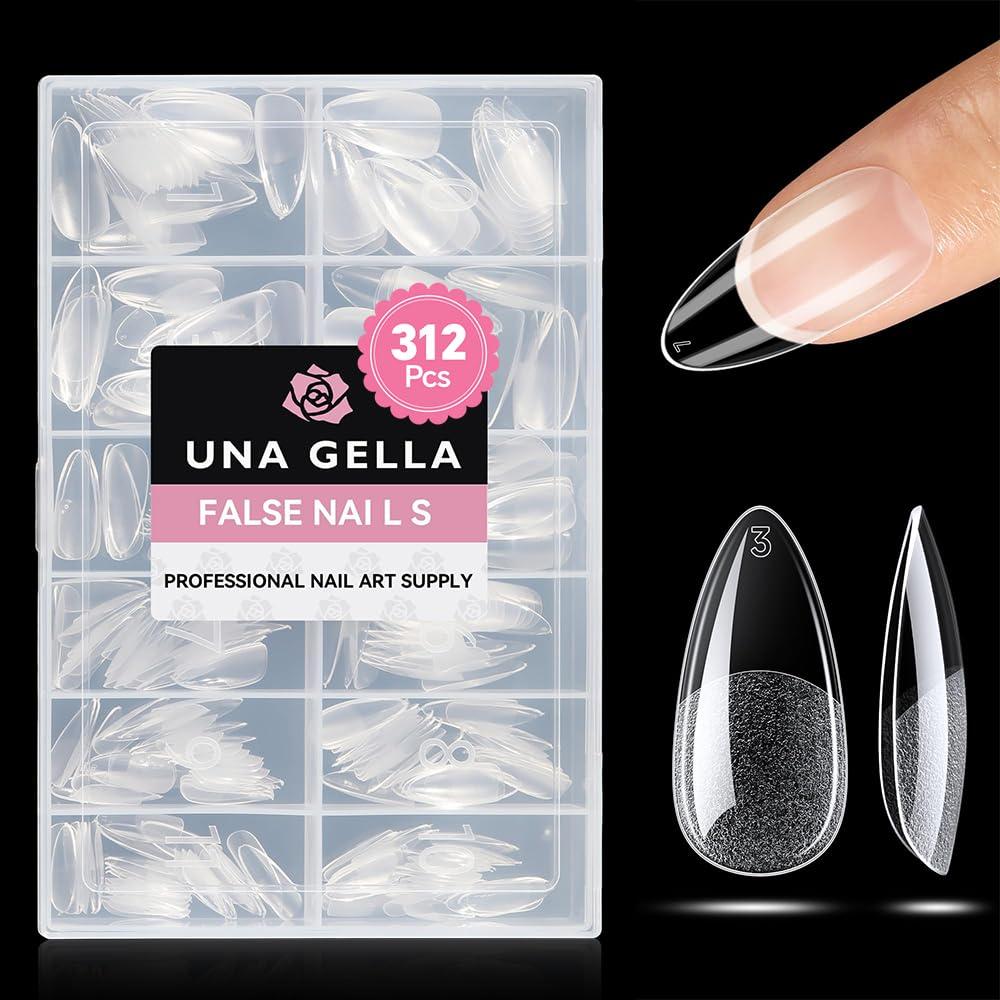 UNA GELLA Medium Almond Gel Nail Tips Half Matte 312pcs Almond Gel Nails No C Curve Clear False Fake Nails Effective Nail Extensions for DIY Art Salon-Level Press On Nails, 12 Sizes