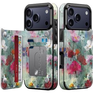 FUNMIKO for iPhone 17 Pro Wallet Case with Card Holder, RFID-Blocking, Military-Grade Drop Protection & Floral Animal Design, Magnetic Closure with Leather Kickstand - Dreamy Flowers