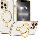 Compatible with iPhone 13 Pro Max Case with Magnetic Ring Stand [Compatible with Mag-Safe] Full Camera Lens Protector Soft Plating Shockproof Phone Case for iPhone 13 Pro Max 6.7", White