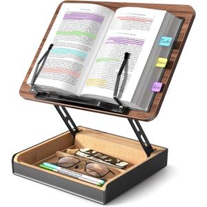 Book Stand with Storage, Book Holder for Reading Hands Free, Wooden Cookbook Stand for Kitchen Counter, Adjustable Reading Stand for Desk, Recipe Stand, Book Prop for Book Lovers