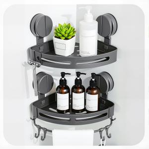 Corner Shower Caddy Suction Cup Shower Shelf No Drilling Bathroom Shower Organizer Storage Rack with Towel Bar Hooks