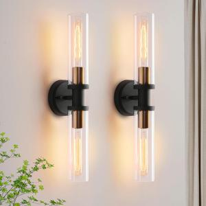 Black and Brass Gold Wall Sconces Set of Two with Clear Glass Shade - Indoor Wall Decor Set of 2 (28in, black and brass gold clear glass)
