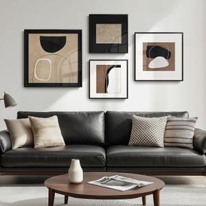 Framed Modern Black and White Brown Abstract Wall Art, Large for Living Room Set of 4 Minimalist neutral Canvas Wall Decor, Geometric boho Paintings Pictures for Bathroom, Dining, Office, Hallway