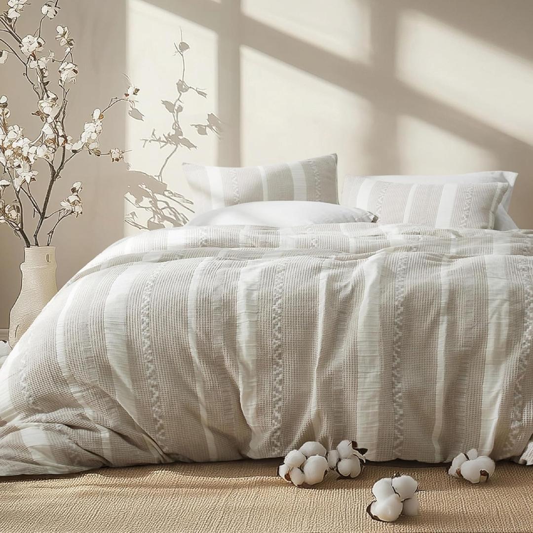Bedsure Waffle King Size Comforter Set - Linen Soft Cotton Bedding Set for All Seasons, Stripe Fluffy Bed Set 3 Pieces with 1 Waffle Weave Comforter King Size and 2 Pillow Shams (03 - Linen)