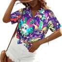 Mardi Gras T-Shirt Hawaii Shirts Women Street Carnival Themed Masks Graphic Tees Beach Vacation Short Sleeve Button Up Tops, S