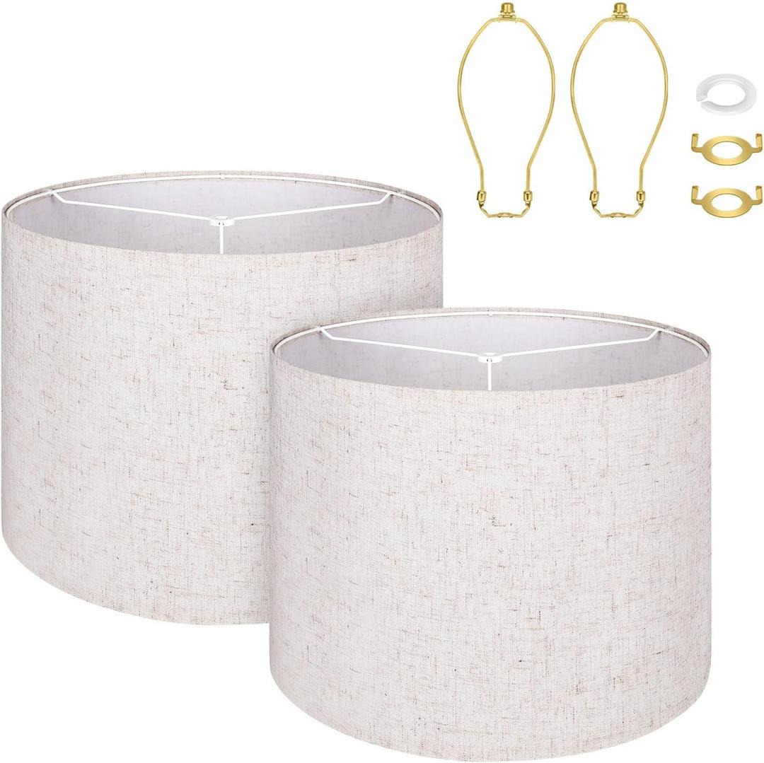 Large Brown Lamp Shades Set of 2, Natural Linen 16" Top X 16" Bottom X 12" Height Lampshade Fits for Home Bedroom Living Room Decor, Easy Assembly Required Lamp Shade Holder Included Spider Fitter