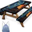 Picnic Table Cover with Bench Covers Elastic Edges, Art Camper Fitted Table Cover, Outdoor Patio Camping Essentials 72 Inch 3PCS, Waterproof Camping Fitted Tablecloth with Drawstring Bag