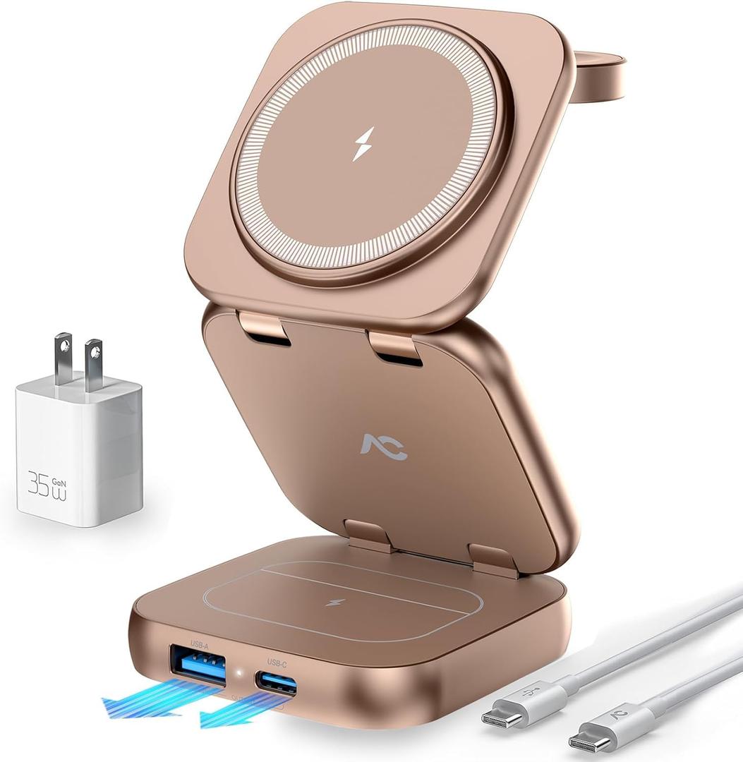 5-in-1 Wireless Charger for MagSafe, AC ISLAND Portable Travel Charging Station, 35W Max Fast Foldable Magnetic Stand, Evolved for iPhone 17-12 & Air Series, Apple Watch, AirPods (with 35W Adapter)