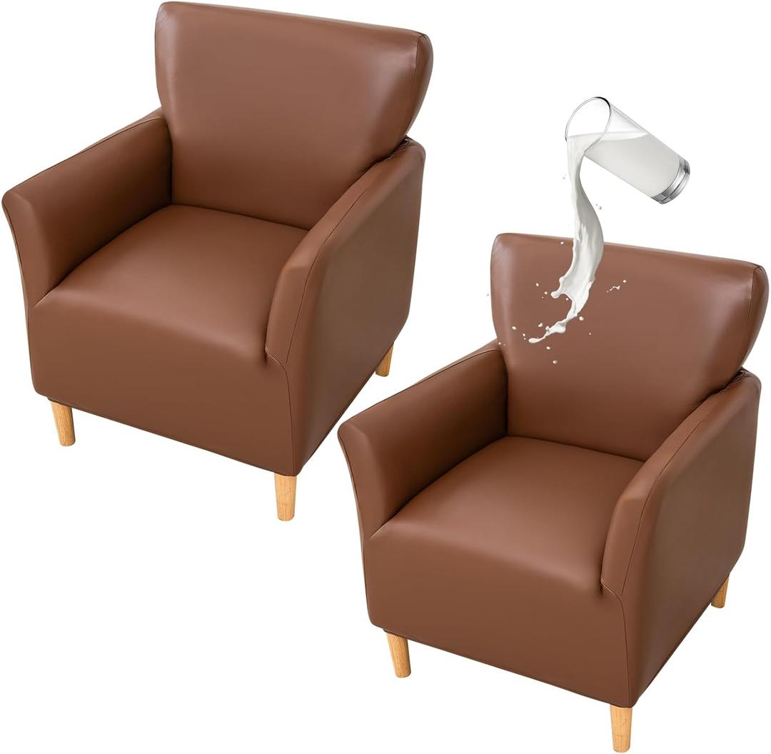 FUANGUI Waterproof PU Leather Banquet Armchair Slipcover Chair Covers with Arms, Stretch Club Chair Slipcover Soft Sofa Covers Anti-Slip Furniture Protector for Dogs Pets Home Living Room Decor (2PCS)