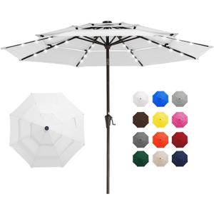 JEAREY 3 Tiers Patio Umbrella with Solar Lights 9ft Outdoor Market Table Umbrellas with Push Button Tilt for Outside Pool Garden, Creamy-white