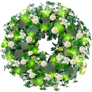 Sggvecsy 18 St. Patrick's Day Shamrocks Wreath for Front Door with Daisy Eucalyptus Leaves 30 Green Lights Artificial Greenery Clover Wreath for Irish St. Patrick's Day Decoration Wall Home Decor