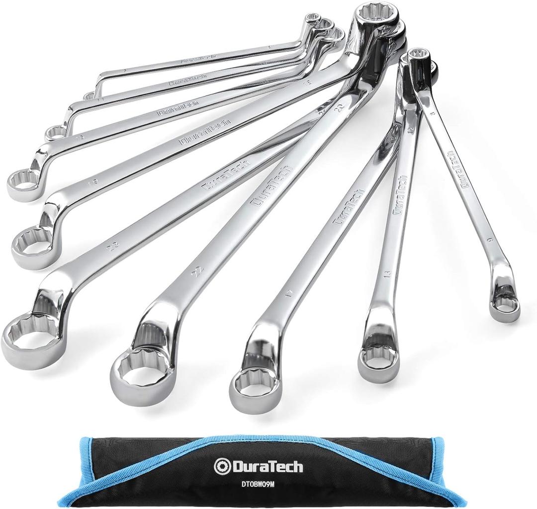Offset Box Wrench Set, Metric, 9-Piece, 6-23mm, 75-Degree, Chrome Vanadium Steel Construction with Rolling Pouch