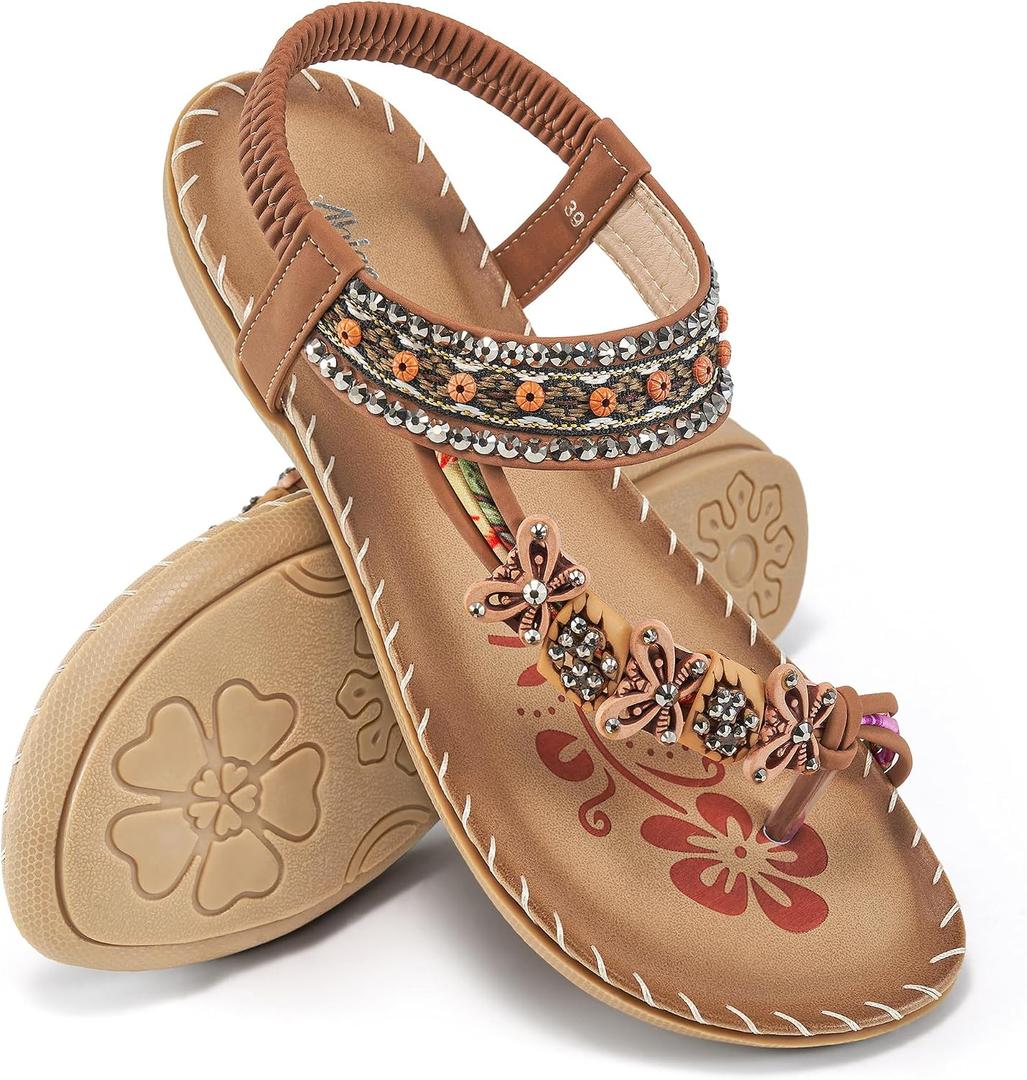 Ablanczoom Flat Sandals for Women Summer: Casual Boho Beaded Toe Ring Dress Shoes - Comfortable Vacation Daily Walking Shoes