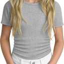 Girls' Shirt Short Sleeve Basic Top Tween Summer Ribbed T-Shirt Teen Cute Fitted Soft Tee for Kids Aged 5-14