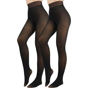 Fleece Lined Tights Sheer Women - Fake Translucent Warm Pantyhose Leggings Sheer Thick Tights for Winter (X-Small, Black+black)