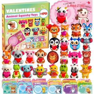 24Pcs Animal Heart Squishy Toys, Valentines Day Gifts with Cards, Kids Party Favors, Galentines School Gift Exchange, Classroom Prizes, Candy Bag Stuffers