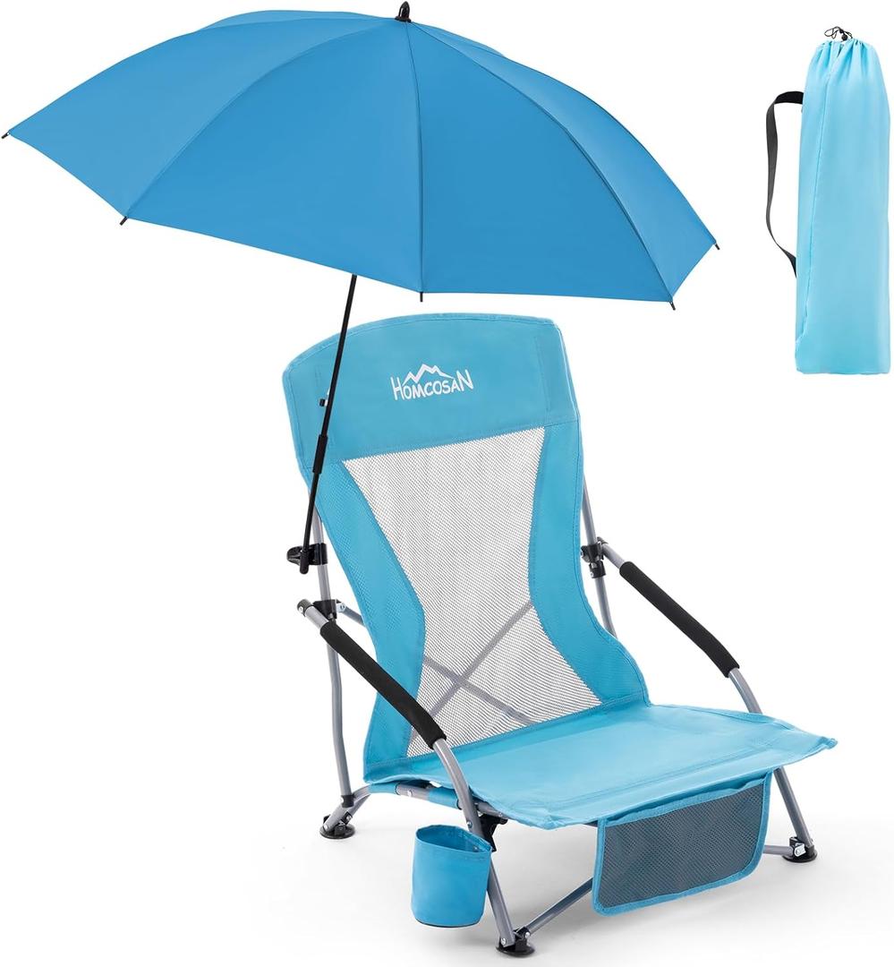 Homcosan Portable Low Folding Beach Chair with Detachable Umbrella - Lightweight Camping Chair for Adults with Cup Holder & Storage Pocket, Carry Bag Included (Blue)