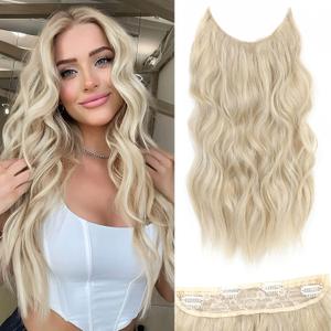 Halo Hair Extensions 20 Inch Invisible Wire Hair Extensions Adjustable Long Wavy Hairpiece Synthetic Upgrade 4 Secure Clips in Hairpieces 20 Inch,Blonde Mix Platinum Blonde