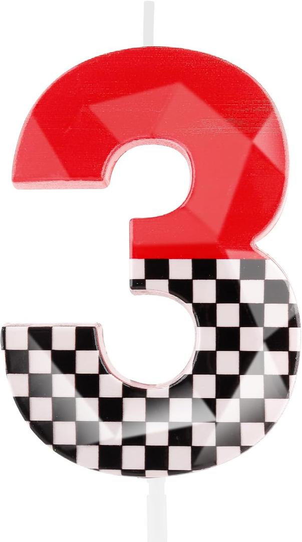 3D Racing Cars Themed Birthday Candles for Cake, Black White Checkered Red 3 Candle, Number 3 Candle Happy Birthday Cake Topper for Boys Girls Racing Car Birthday Party Decorations Supplies
