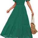 ZESICA Women's 2025 Summer Short Sleeve Maxi Dress Casual V Neck Hollow Out Eyelet Ruffle Swing A Line Long Dresses (Green)