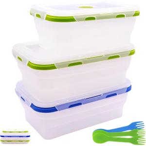 Collapsible Translucent Silicone Food Storage Containers With Lids, 3 Pack Foldable Bento Lunch Box, Reusable Medium Meal Boxes for Kitchen, Camping, BPA Free (40.6 OZ+40.6 OZ+27 OZ)
