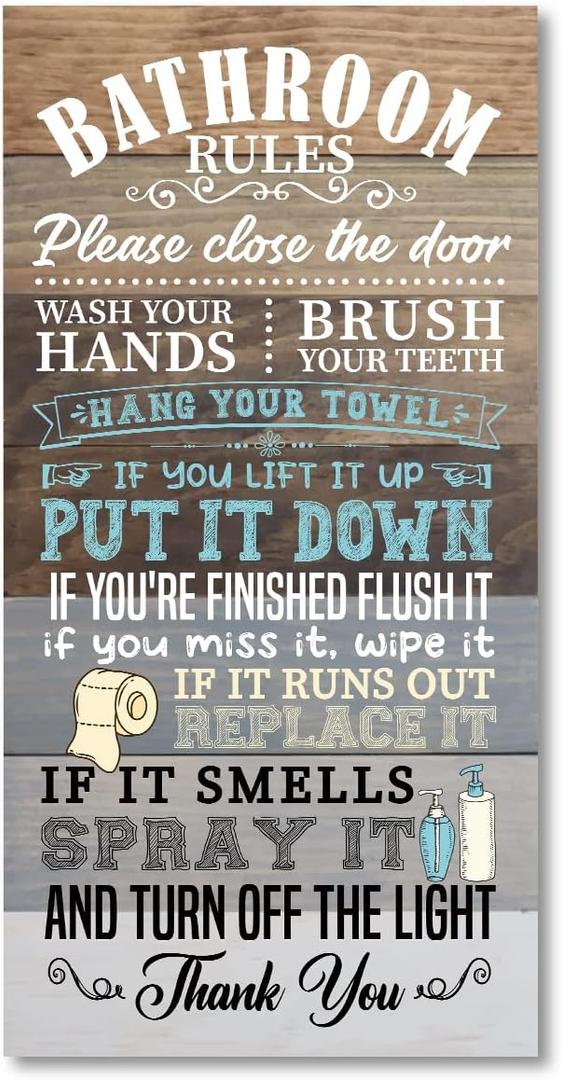 Hanging Bathroom Rules Decor Sign, Hanging Bathroom Wood Sign Decor