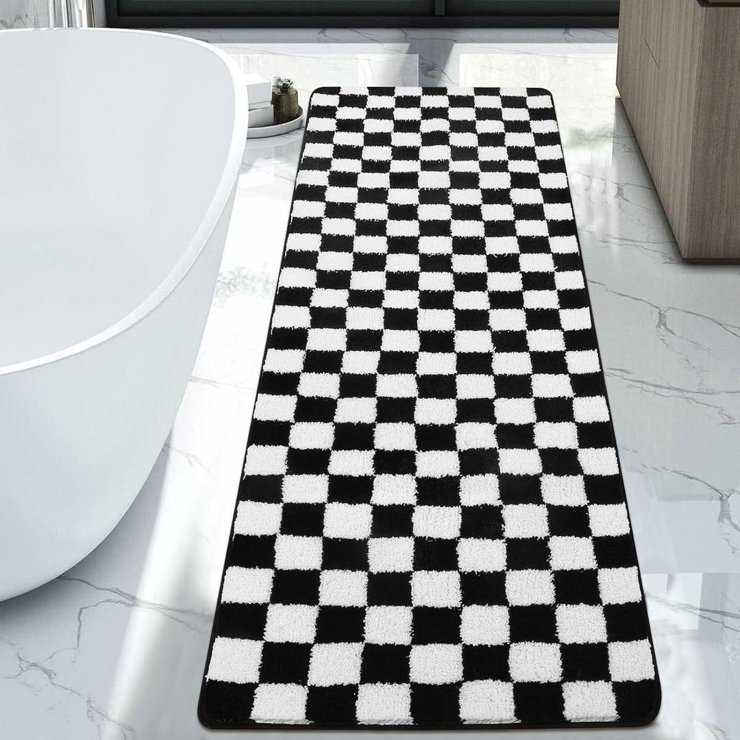 Uphome Bathroom Rug Runner, Black and White Checkered Large Machine Washable Bath Mat Non Slip, 24x71 Water Absorbent Soft Microfiber Bath Rug for Tub, Shower, Floor