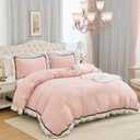 Herside Pink Comforter Set King Size,Ruffle Pompoms Chic French Style Bedding Sets,Fluffy Coquette Comforters Sets for All Season,Vintage Ruffled Lightweight Quilt Set for Women Girls Room Decor