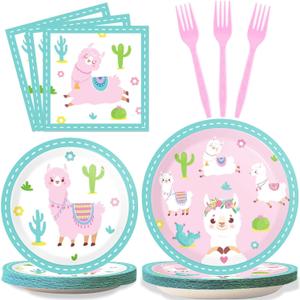 ZOIIWA 96 Pcs Llama Birthday Party Supplies for 24 Guests Alpaca Llama Birthday Plates Napkins Tableware Party Decorations Mexican Cactus Dinnerware Favor for Kids Girls Baby Showers