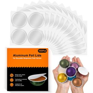 Aluminum Foil Lids for Reusable Nespresso Vertuo Pods, 100 PCS Reusable Foil Seal Cover for Refill Espresso Coffee Capsule, Compatible with Nespresso Vertuo Machine