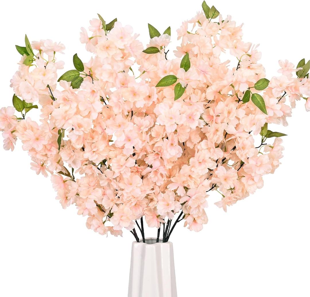 Sunm Boutique Champagne Faux Cherry Blossom Branches, Artificial Cherry Blossom Stems Cherry Blossom Flowers Vase Arrangements for Wedding Home Party Kitchen Decor, Set of 3