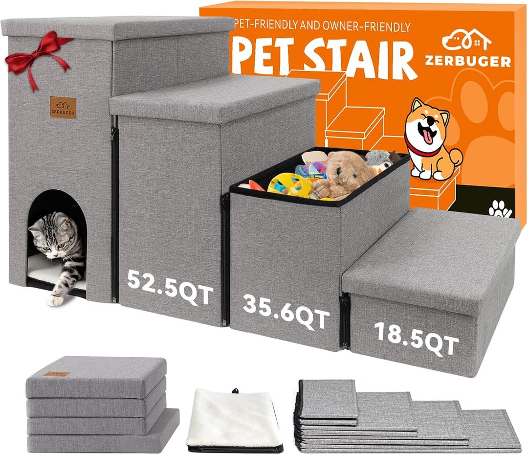 Dog Stairs with Condo 23" H, 4-Step Wider Dog Steps for High Beds Window, Folding Storage Pet Stairs Gift for Small/Medium/Large Old Dogs Cats, Ramp for Climbing Car Up to 200 lbs, Smok Gray