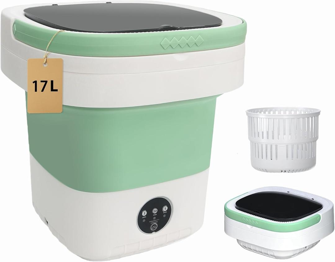 Portable Washing Machine, 17L Foldable Portable Laundry Machine and Spinner for Baby Clothes, Underwear, Socks with 3 Modes Deep Cleaning,Mini Washer for Travel, Dorms, Camping, Green
