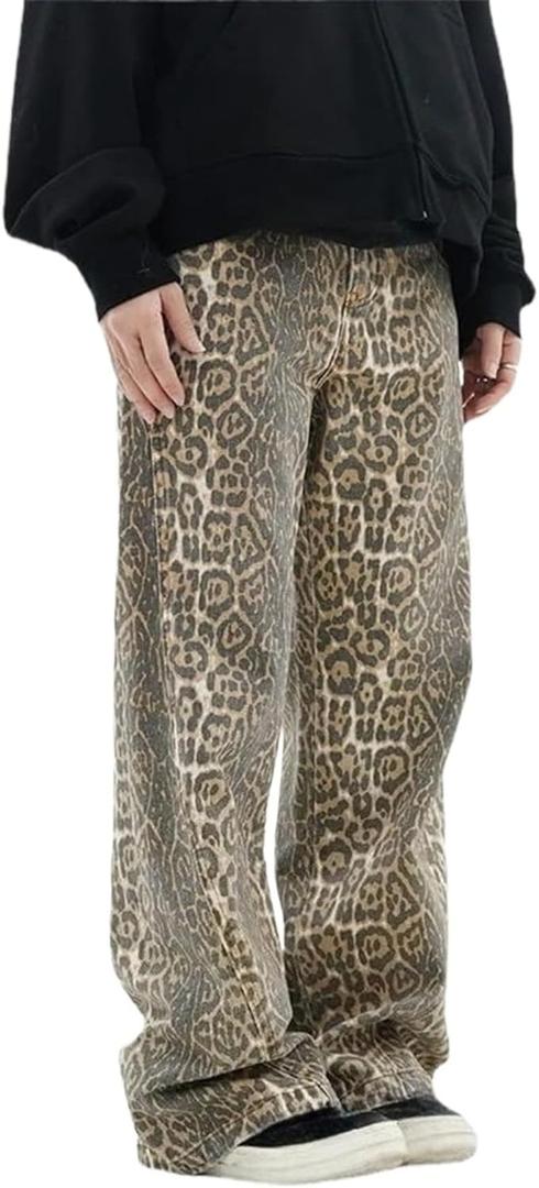 YELLOOP Leopard Print Jeans Y2k Jeans Leopard Jeans Grunge Y2k Pants Womens Baggy Jeans 2000s Leopard Pants (Brown, L)