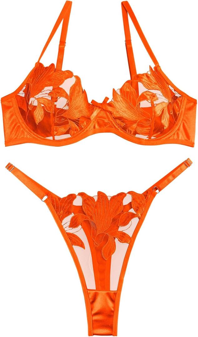 Lilosy Sexy Satin Mesh Floral Sheer Embroidered Underwire Lingerie Set 2 Piece Women (Large, Orange)