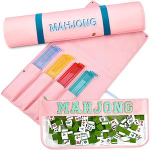 2 Pcs Mahjong Bags for Racks and Tiles Include Mahjong Tile Bag & Rack Bag, 37 Inch Protective Sleeve Tile Gift Accessory & Letter for Mah Jong Pusher, Not Include Racks& Tiles(Pink)