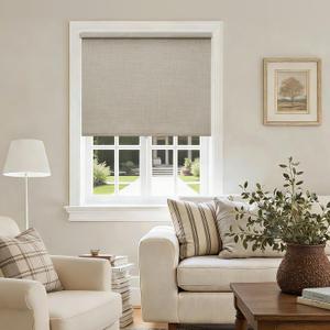 100% Blackout Roller Shades Cordless Blinds for Windows, Free-Stop Blind with Beige Linen Valance Thermal Insulated UV Protection Privacy Window Shades for Bedroom Living Room Oatmeal 34.5" W x 72" H