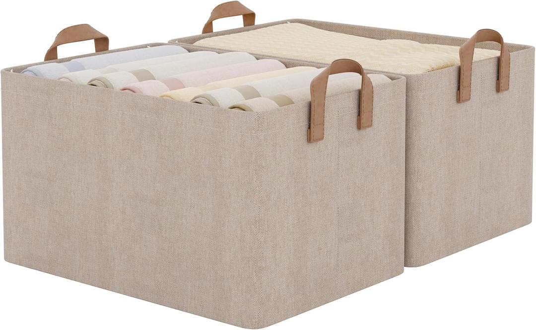 StorageWorks Storage Bins, Fabric Storage Bins for Shelves, Large Storage Baskets with Metal Frame, Closet Baskets and Bins with Handles, Brown and Beige, 2-Pack