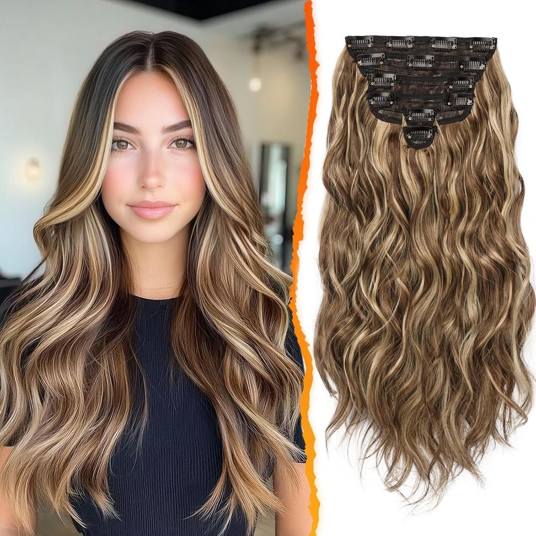 BARSDAR Highlight Clip in Hair Extensions - 20 Inch Wavy Clip in Hair Extensions for Women - 6PCs Soft Thick Synthetic Hair Extensions Clip ins Hairpieces Daily - Medium Brown & Blonde