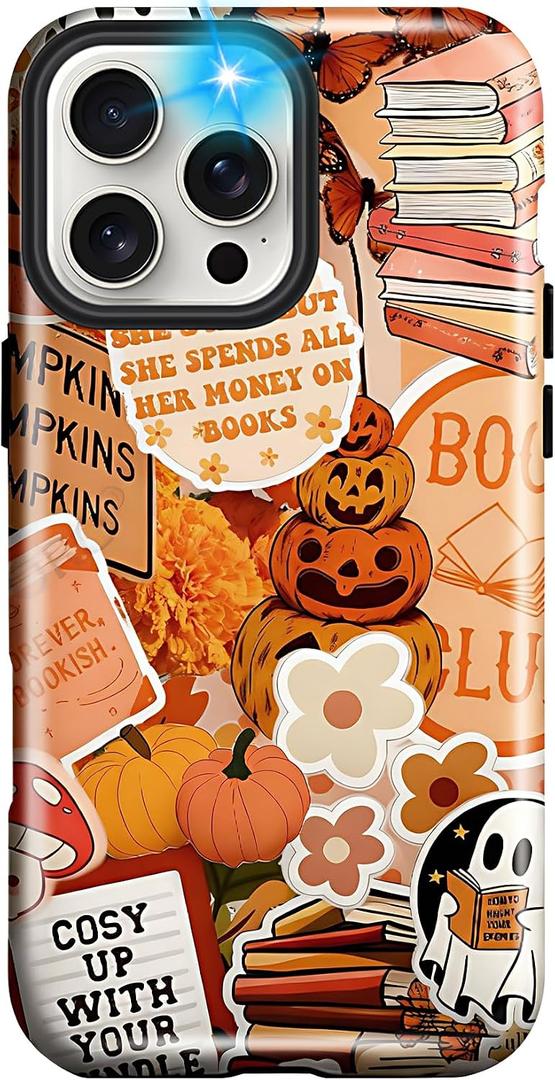 Girls Cute Case for iPhone 16 Pro, Pumpkins Flowers Women Phone Cases | Dual-Layer Shockproof Protection