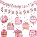 Happy Mother's Day Decorations, Mother's Day Banner Garland with Hanging Swirl Decorations, Pink Floral Mom Party Decor Set for Ceiling Home Party Backdrop Celebration