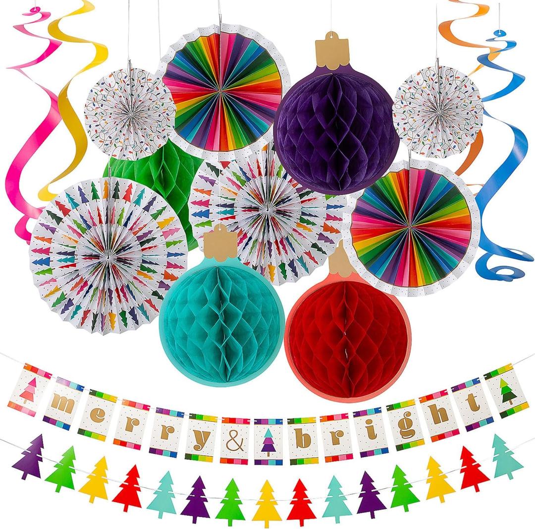 Merry & Bright Holiday Party Hanging Decorations  9 ft (1 Set) - Festive Decor for Christmas, Winter Celebrations, Office Parties & Holiday Gatherings
