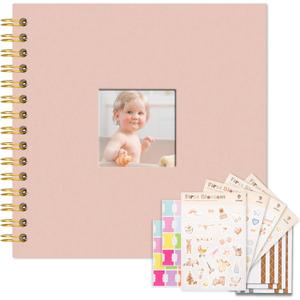 Vienrose Kids Scrapbook Album 8.5"X8.3" with Window Silk Fabric Cover Acid-Free Pages Personalised DIY Photos Scrapbooking for Baby Memory Book, First Year Keepsake Journal Gift Boy Girl, Pink
