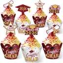 Sinmoe 96 Pieces 2026 Graduation Cupcake Toppers Wrappers Congrats Grad Cake Decorations Adjustable Cap Diploma Cake Wrappers Toppers Class of 2026 Grad Graduation Party Supplies(Maroon Gold)