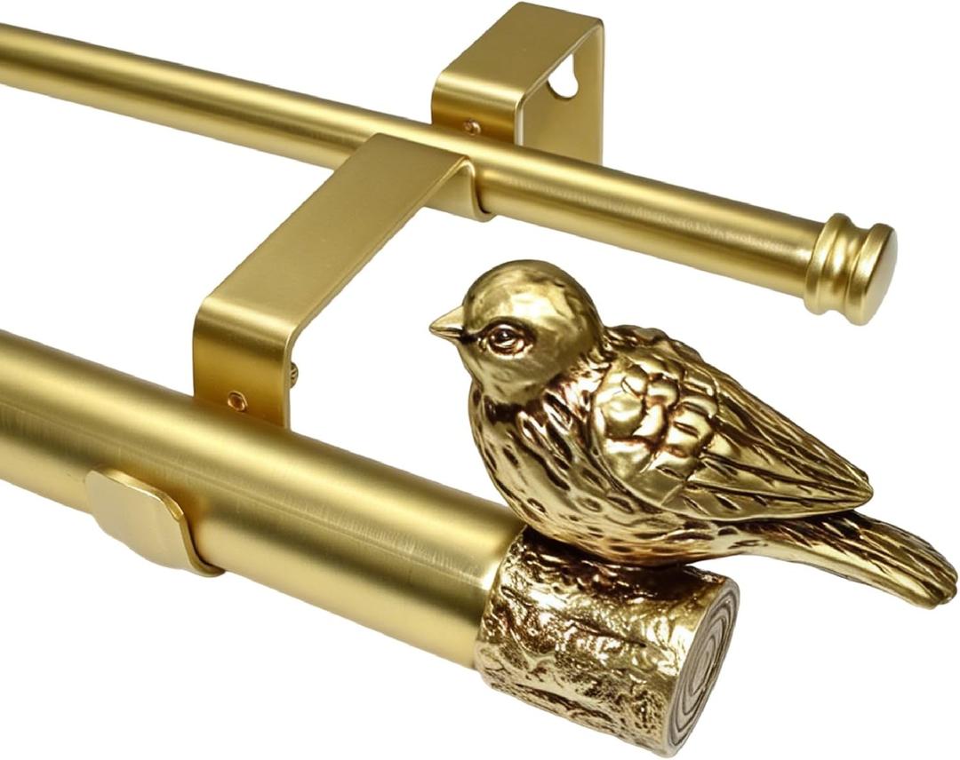 Double Curtain Rod Gold for Large Window 68-140 In, Decorative Bird Finials