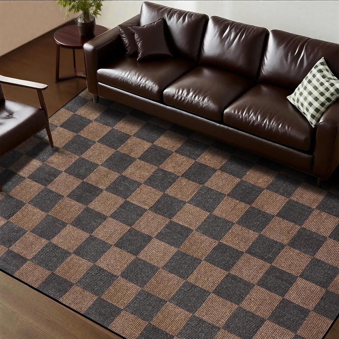 Washable Rug 5x7 Checkered Rug, Black and Brown Area Rug, Boho Large Rugs for Living Room, Low Pile Lightweight Indoor Carpet with Non-Slip Backing for Bedroom Classroom Playroom Kids