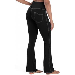 Women's Flare Yoga Leggings Tummy Control with Pockets Bootcut High Waist Pants with Contrast Stitching and Wide Leg  Size L